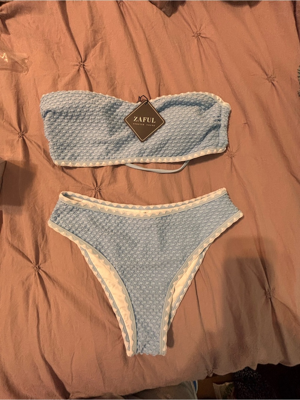 Zaful Baby Blue Textured Bandeau Bikini Set with White Trim